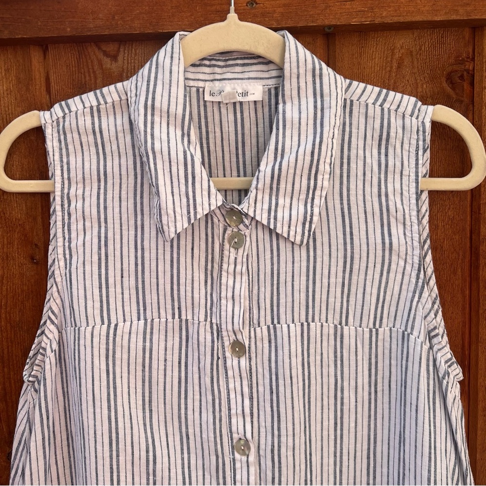 Le Paris Petit Linen Sleeveless Tunic Dress Pinstripe Button Down Size M - Picture 4 of 10